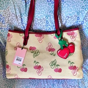 New Red Tan Juicy Couture Cherry Tote Bag Purse Handbag Vintage Style Straw Bag
